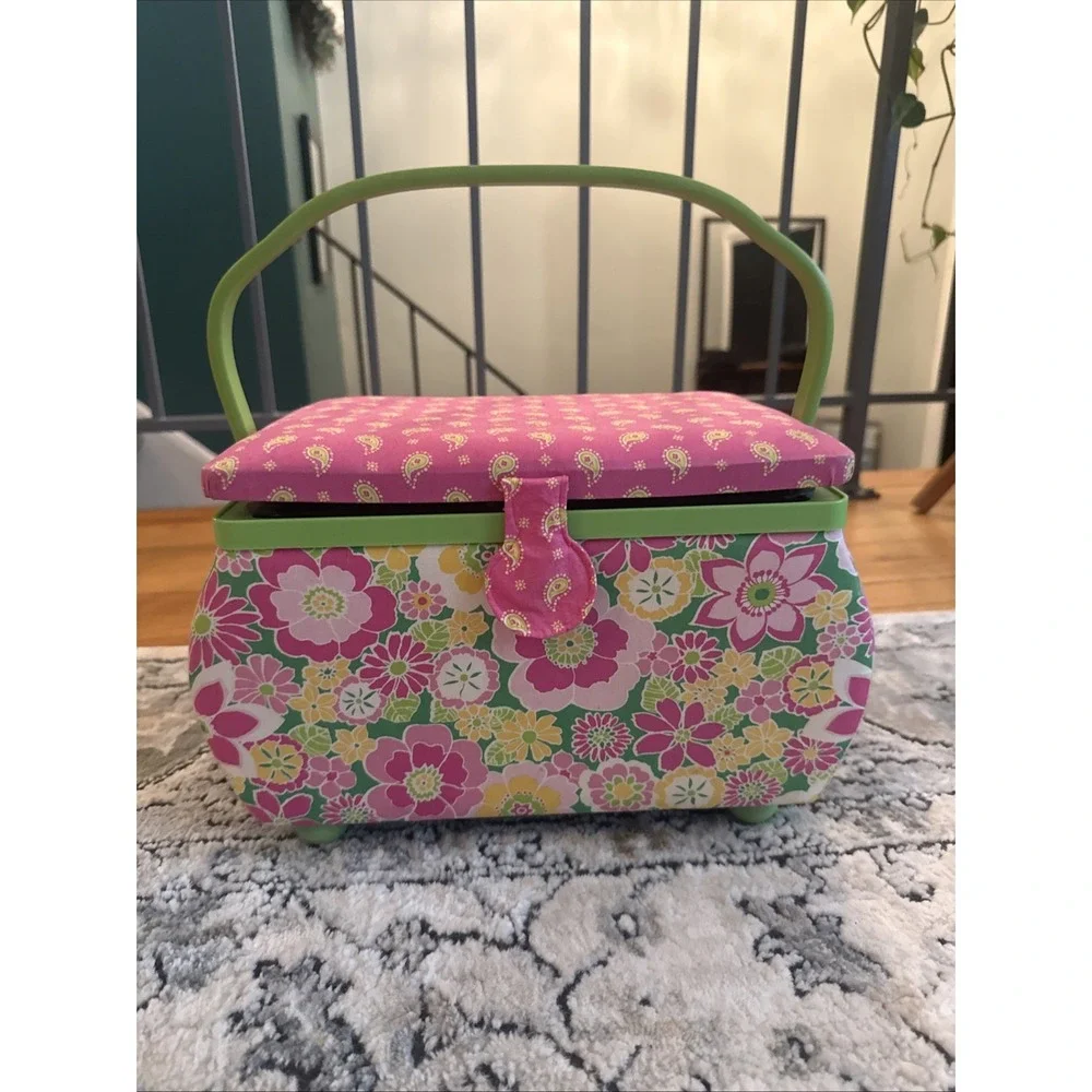 Vintage Y2K Sewing Basket Green Pink Floral Tapestry w/Inside Tray Handle Padded